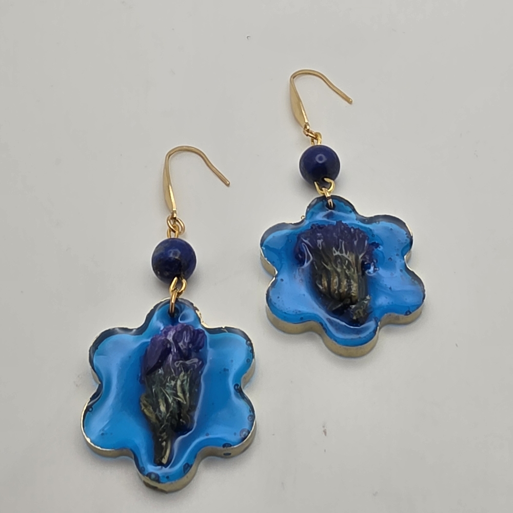 Blue Floral Resin Drop Earrings with Gold Hooks